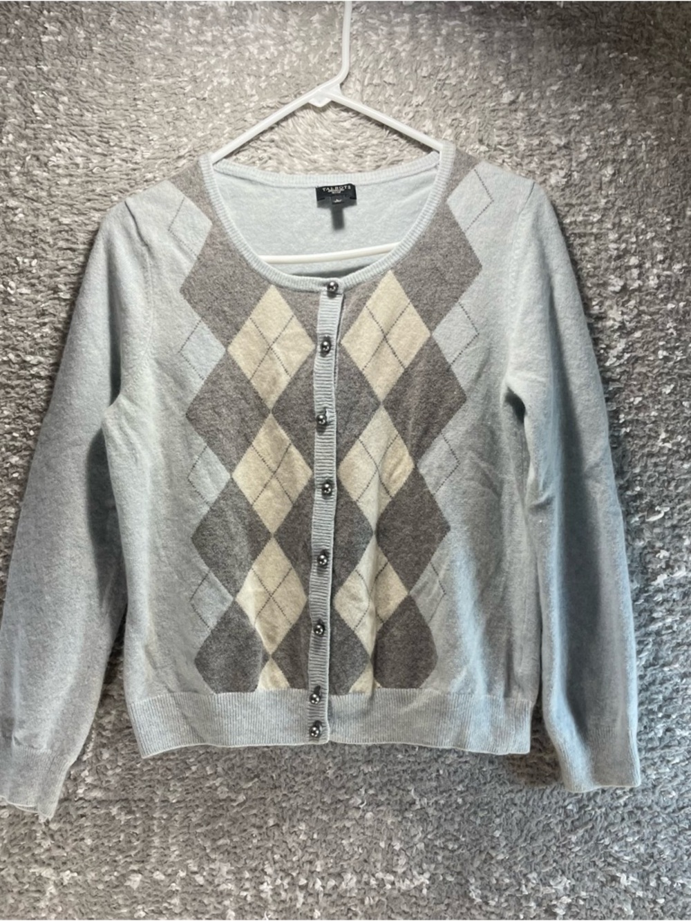 Talbots PL Cardigan Sweater Blue Lambswool Nylon Angora Rabbit Hair Argyle